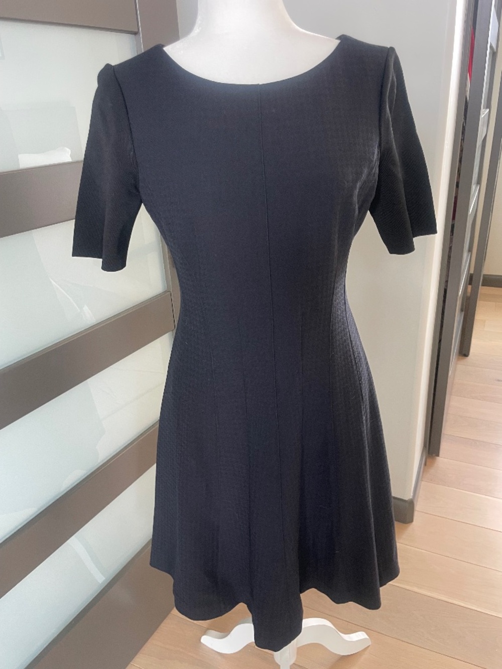 Elie Tahari Kelsey Short Sleeve Fit and Flare Mini Dress Navy/Black Houndstooth